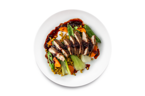 Blackberry Five Spice Chicken & Farro w/ Snow Peas, Carrots and Bok Choy
