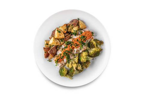 Roast Chicken, New potatoes, Pistachio Gremolata & Broccoli