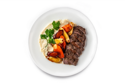 Marinated Steak with Mashed Cauliflower, Carrot & Parsnips