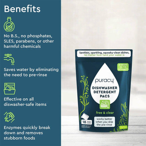 Puracy Natural Dishwasher Detergent Pods: Free & Clear / Pack of 50