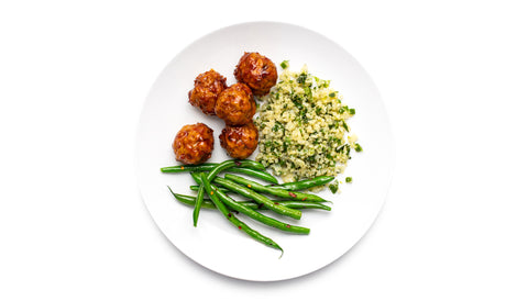 Honey Sriracha Glazed beef Meatballs, Cauli Rice, Garlicky Green Beans