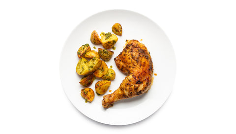 Lemony Mustard Chicken with Walnut Arugula Pesto Roasted Potatoes