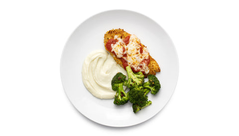 Parmesan Chicken Cutlets with Garlicky Cauli Smash and Broccoli