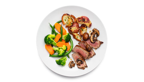 Steak, Mushroom, Roasted Smashed Potatoes & Mixed Veggies